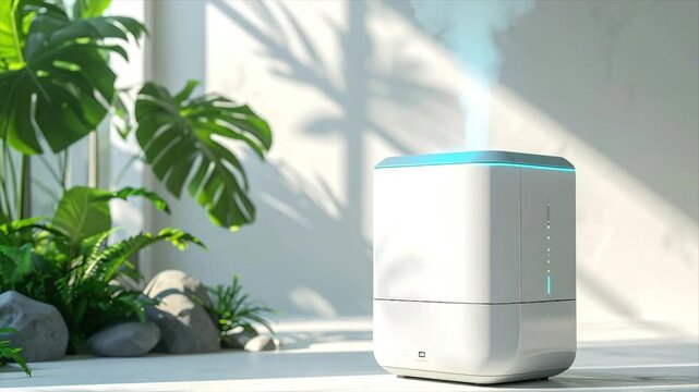 A modern white humidifier with blue glow emits steam, set against a backdrop of foliage