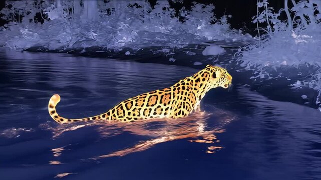 A stealthy infrared camera captures a nocturnal jaguar swimming across a river showcasing advanced wildlife monitoring techniques