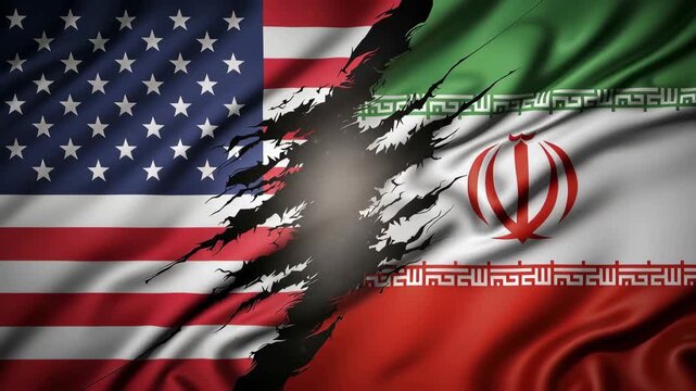 Flag of USA and Iran torn apart in a symbolic conflict, representing geopolitical tension and international relations crisis	