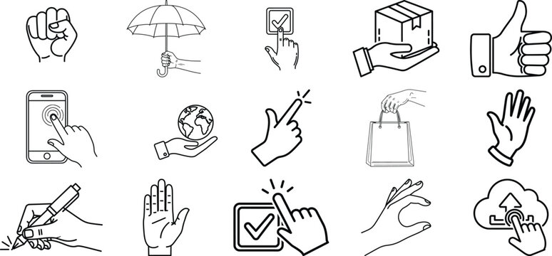 Collection of hand gestures and everyday objects illustrations