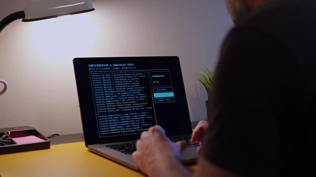 Middle Aged Ethical Hacker Penetration Testing Running Network Infiltration and Analysis Tool - White Hat Hacking Proactive Defense for Cyberattacks