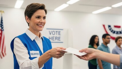 Fototapeta premium A smiling election volunteer hands a ballot to a voter at a polling station.