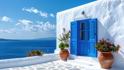 Fototapeta premium Idyllic Greek Island Architecture with Blue Shutters and Vibrant Flowers Overlooking the Aegean Sea
