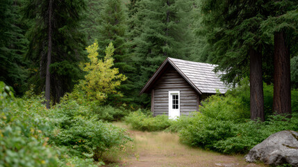 A cozy wooden cabin nestled in a vibrant green forest landscape
