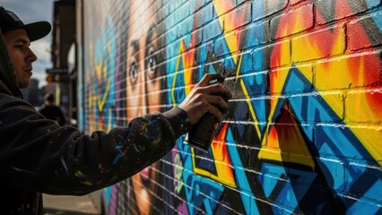Fototapeta premium A graffiti artist in a hoodie and cap spray painting a colorful mural on a brick wall.