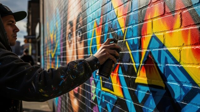 A graffiti artist in a hoodie and cap spray painting a colorful mural on a brick wall.