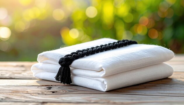 Traditional Arabian Ghutra and Egal headwear with black cord accessory, resting on folded white fabric outdoors with soft bokeh background.