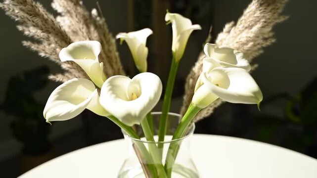 Delicate white calla lilies and dried grass arranged in a clear vase.