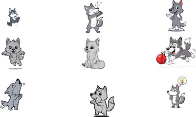 Collection of nine cartoon wolf illustrations in various poses © mdkamran