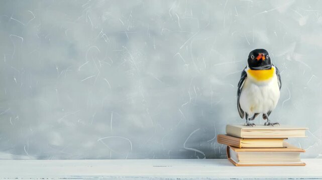 Bird standing on stack books against textured gray background