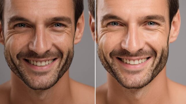 Aging Gracefully: A striking side-by-side comparison of a man, showcasing the subtle changes that come with age, from the slight addition of wrinkles to the evolution of his handsome features.