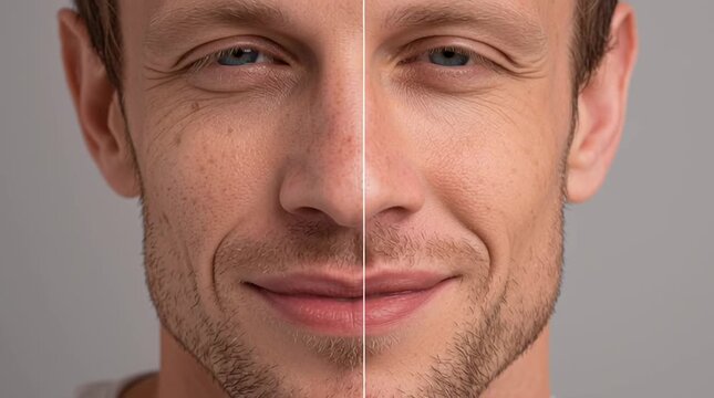 The Essence of Transformation: The portrait of a man's face split down the middle showcases the beauty of rejuvenation and cosmetic change.