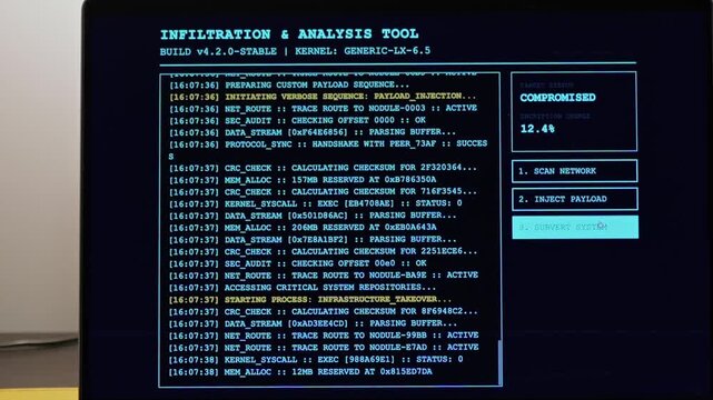 Middle Aged Ethical Hacker Penetration Testing Running Network Infiltration and Analysis Tool - White Hat Hacking Proactive Defense for Cyberattacks