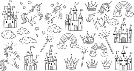 Collection of whimsical fairy tale castles and crowns illustrations © mdkamran