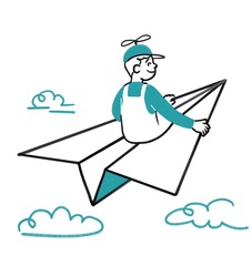Ilustración lúdica de niño volando en un avión de papel por los cielos