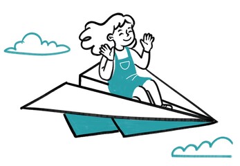 Ilustración de niña volando sobre un avion de papel