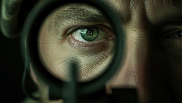 Extreme close-up of a sniper's green eye looking through a rifle scope.