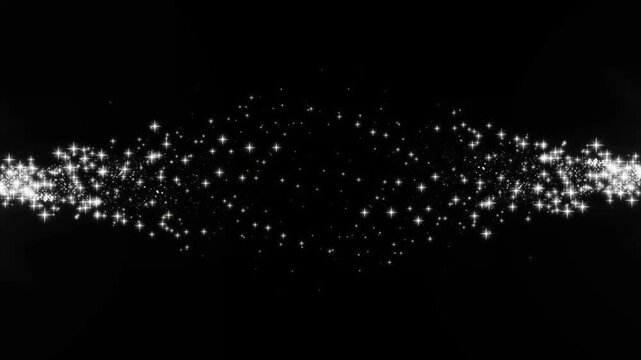 White magic glitter star sparkle trail, twinkling glitter stars line, fairy dust shimmer transition, fast glittering star lines, sparkling starry line effects video on black screen background. 4k loop