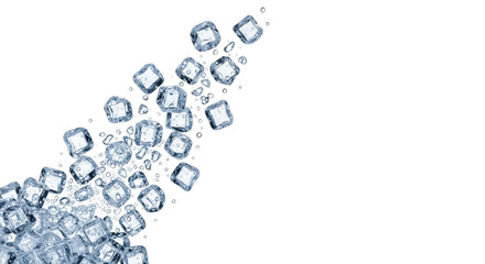 Fototapeta premium Pristine, clear, irregularly shaped ice cubes and shards scatter dynamically upwards, glistening wet against a transparent background with abundant copy space, conveying vigorous motion. Concept of