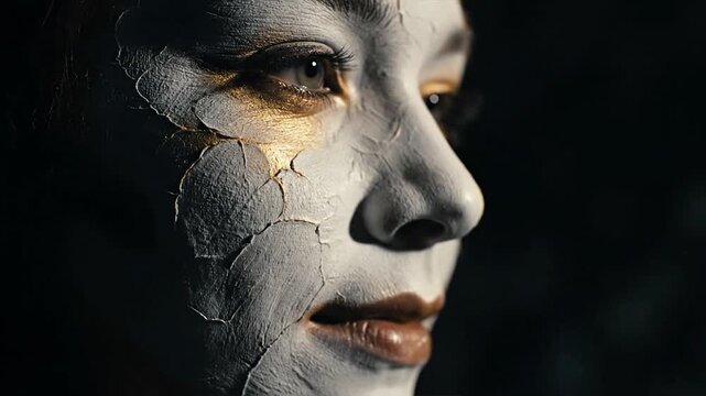 A mime artist with a sad expression, face cracked like porcelain, portrait in close-up, dramatic lighting, black background