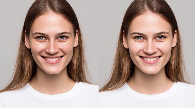 Skin Transformation: A split-screen portrait compares natural, unretouched skin to an enhanced version, highlighting the subtle differences and illustrating the power of beauty. 