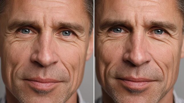 Aging Face Portrait: A split portrait showcasing the natural progression of an aging man's face, with a keen focus on the subtle details of wrinkles and the lines of time.