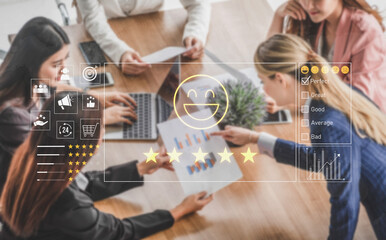 Customer feedback and satisfaction rating system showing star review, happy face, performance score, and service evaluation to improve customer experience Vouch