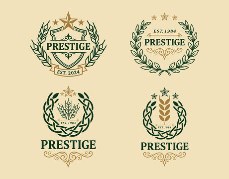 Luxury Prestige Logo Bundle with Heraldic Shields Laurel Wreaths and Wheat Grain Emblems for Premium Branding and Corporate Identity Set Circle