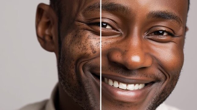 Aging Unveiled: A captivating split image reveals the journey of aging, showcasing the face of a man with remarkable transformations, hinting at the passage of time and the beauty of resilience. 