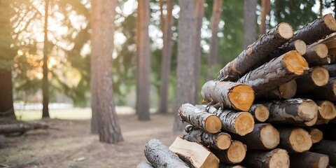 Stack of freshly cut firewood in serene forest setting