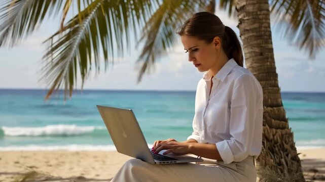 A woman in a white shirt types on a laptop beneath a palm tree by the turquoise sea, seated on the sand, focused as soft waves and bright sunlight frame a serene remote work scene.