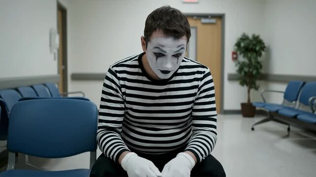 A sad mime sits alone in a hospital waiting room with empty blue chairs and a potted plant in the background.