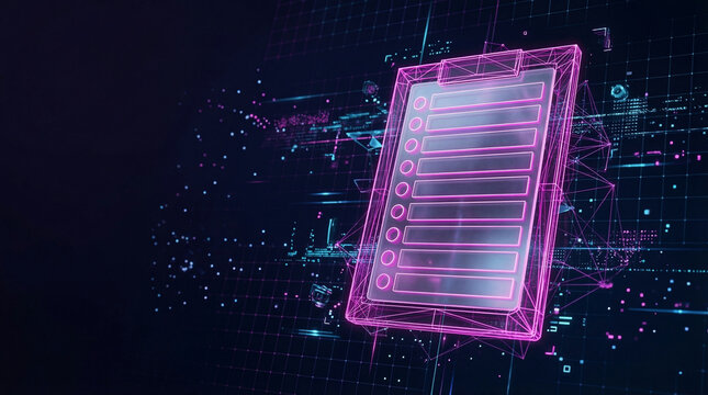 Digital checklist concept, featuring a glowing wireframe clipboard with a list, representing digital transformation in a futuristic tech environment.