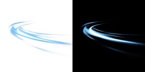 Abstract bright blue light trails swirling in a dynamic motion blur effect creating a sense of speed and high-tech energy on transparent background PNG © Tomash