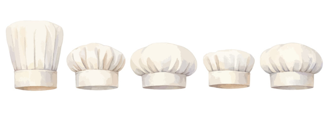 A charming watercolor collection of chef hats featuring classic white cooking hats illustrated in a culinary kitchen style.