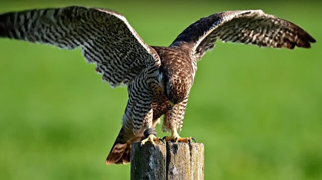 A brown bird with wings spread wide on a wooden post in green field.