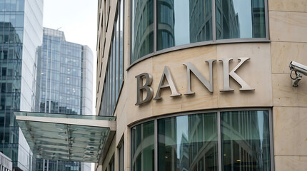 Naklejka premium Modern bank building with security camera in city downtown area