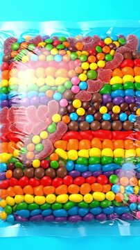 Rows of colorful sweets and gummies are tightly sealed in plastic wrap. Vibrant rainbow colors create a satisfying sensory pattern. Perfect for food industry or sweet treat advertising.