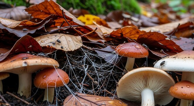 Autumnal Mushroom Cluster Amidst Fallen Leaves and Delicate Spiderwebs.