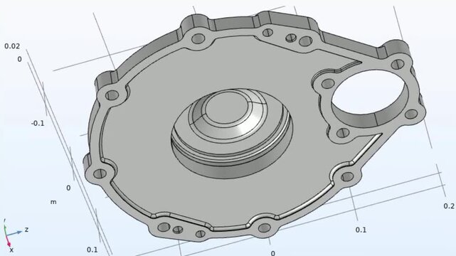 Video animation of engineering 3d modeling of
metal cover with rotation using computer 
aided design system with grid. Technic education cad analysis of steel mechanical part with hole.