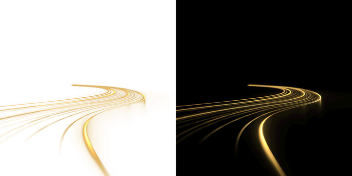 Elegant golden light trails converging into a distant point creating a luxury perspective of a glowing digital highway and success On Transparent Background PNG