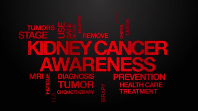 kidney cancer awareness concept Animated Tag Word Cloud kinetic typography, Text Design Animation typography seamless loop video motion graphics Intro Wordart red type on black background bg backdrop