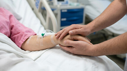 Obraz premium Compassionate man holding hands with loved one in hospital bed