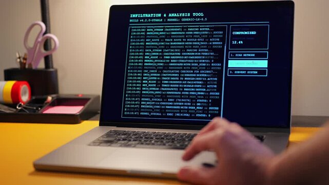 Middle Aged Ethical Hacker Penetration Testing Running Network Infiltration and Analysis Tool - White Hat Hacking Proactive Defense for Cyberattacks