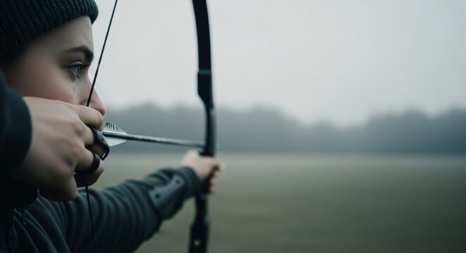 Focused Archer Pulling Arrow in Misty Field Sunlight with Black Bow, Gray Knit Hat, Green Jacket, and Green Field Background during the Day