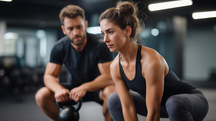 Naklejka premium Faceless Japanese personal trainer coaching Black female client through kettlebell deadlifts in minimalist strength studio, Asian trainer with African American woman, training in