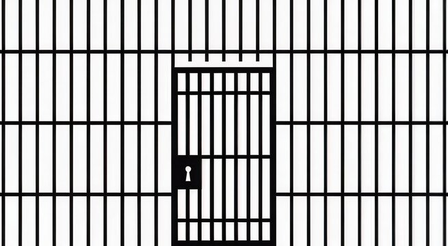 Neon light effect a black and white illustration of a prison cell with a locked door on a white background