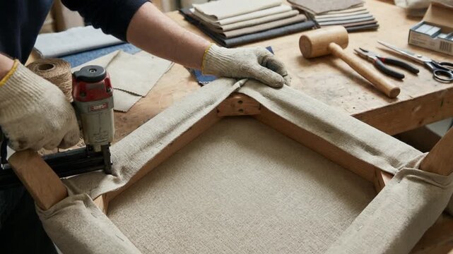 A man is using a staple gun to attach a piece of fabric to a wooden frame