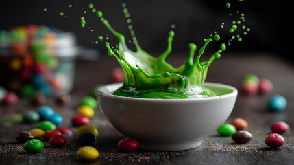 Green cream splashing from a white bowl surrounded by colorful candy pieces, dynamic vibrant dessert scene concept, confectionery photography, with copy space