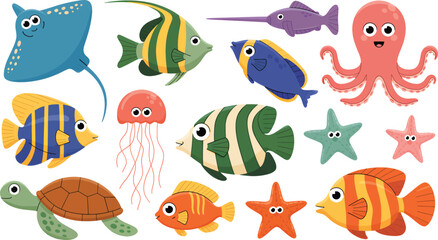 A vibrant collection of cute cartoon sea creatures, featuring various marine animals like fish, octopus, and turtle, beautifully illustrated for children's books and educational resources